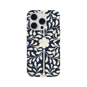 Bone Inlay Design iPhone 15, 14, 13, 12, 11, X P/Pro/Plus/Max/Mini MAGSAFE, Snap Case or Tough Protective Cover, FAUX Dark Navy Blue/Ivory