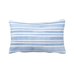 Watercolor Stripe Throw Pillow or Cover, French Blue/White 12 x 21" Lumbar Pillows or Covers, Stripes/Lines/Hand-Painted Print