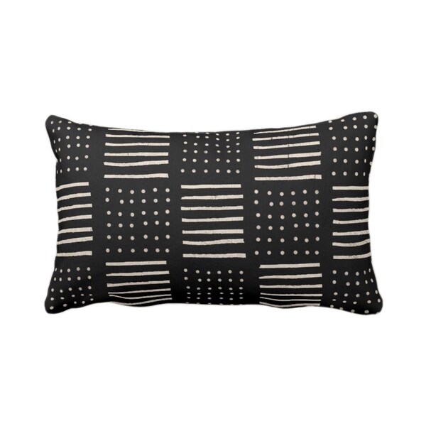 Mud Cloth Printed Pillow or Cover, Black/Off-White 12 x 20" Lumbar Throw Pillows or Covers Mudcloth Dots/Lines Boho/Tribal/African