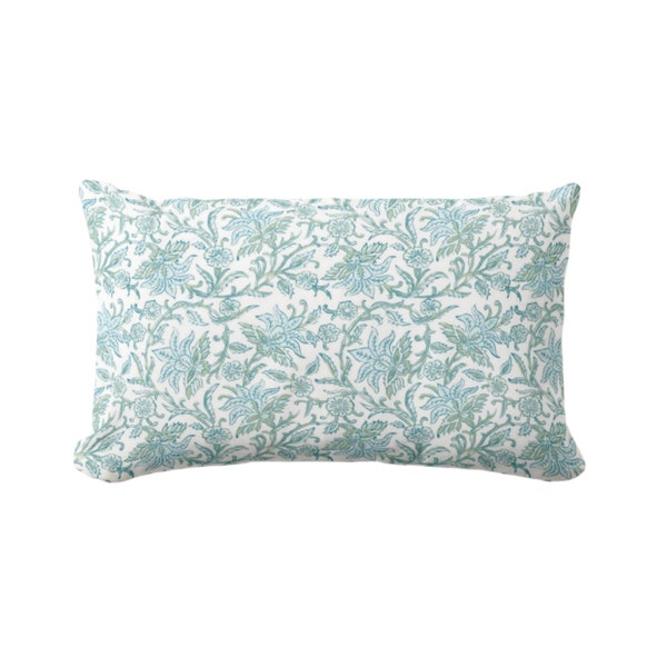 Claire Floral Lumbar Throw Pillow Cover, Blue/Green 12 x 20" Pillows/Covers, Aqua/Turquoise Block Print/Blockprint/Vintage/Farmhouse Design