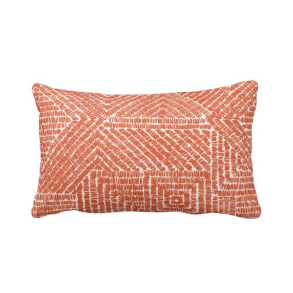 Tribal Geo Throw Pillow or Cover, Terracotta 12 x 20" Lumbar Pillows or Covers, Deep Orange Geometric/Batik/Boho/Lines/Diamond Pattern/Print