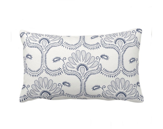 Lotus Block Print Throw Pillow Cover, Off-White/Navy Blue 12 x 20" Lumbar Covers/Pillows, Printed Hmong/Floral/Blockprint/Pattern/Design