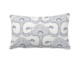 OUTDOOR Lotus Block Print Throw Pillow Cover, Off-White/Navy Blue 14 x 20" Lumbar Covers/Pillows, Printed Hmong/Blockprint/Floral Pattern