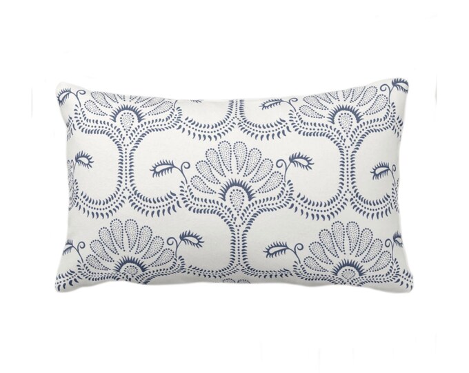 OUTDOOR Lotus Block Print Throw Pillow Cover, Off-White/Navy Blue 14 x 20" Lumbar Covers/Pillows, Printed Hmong/Blockprint/Floral Pattern