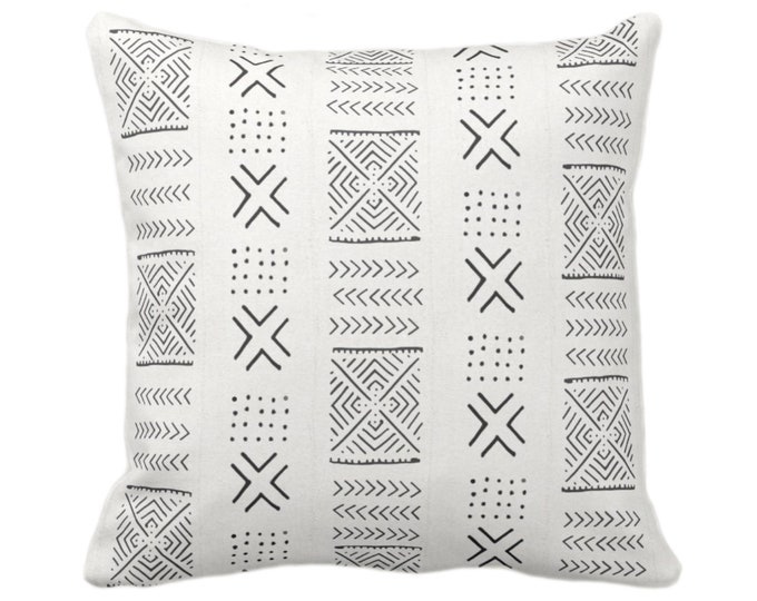 OUTDOOR Mud Cloth Printed Throw Pillow or Cover, Diamond, X & Dots Off-White/Black 16, 18 or 20" Sq Pillows/Covers, Mudcloth/Boho/Tribal/Geo