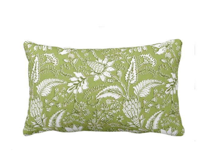 OUTDOOR Gypsy Floral Throw Pillow or Cover, 14 x 20" Lumbar Pillows/Covers, Spring Green/White Naturalist Print/Pattern Toile/Nature Flowers