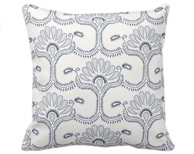Lotus Block Print Throw Pillow Cover, Off-White/Navy Blue 16, 18, 20, 22 or 26" Sq Covers, Printed Hmong/Chinese/Blockprint/Floral Pattern