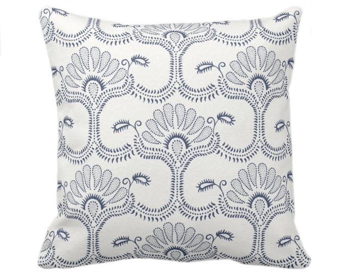 OUTDOOR Lotus Block Print Throw Pillow or Cover, Off-White/Navy Blue 16, 18, 20, 26" Sq Covers, Printed Hmong/Floral/Blockprint Pattern