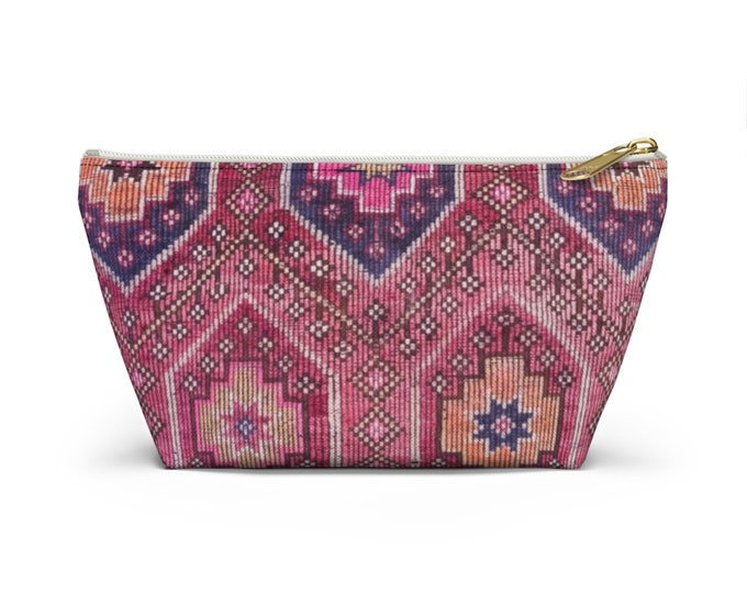 Magenta Geo Worn Rug Zippered Pouch, Colorful Cosmetics/Pencil/Make-Up Organizer/Bag, Pink Boho/African/Rug/Geometric/Vintage Textile Print