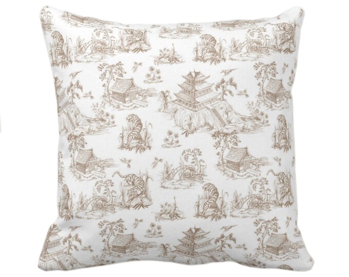 OUTDOOR Pagoda Toile Throw Pillow or Cover, 16, 18, 20, 26" Sq Pillows/Covers, Sepia/White Floral Print/Pattern Toile/Nature/Pagoda/Beige