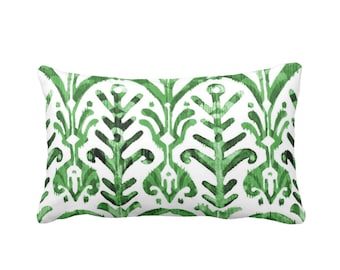 OUTDOOR Watercolor Print Throw Pillow or Cover, Emerald & White 14 x 20" Lumbar Pillows or Covers, Hand-Dyed Effect, Bright/Deep Green