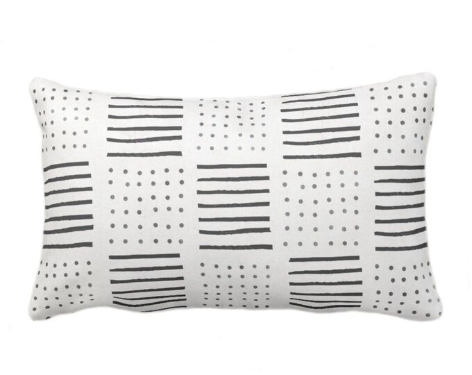 Mud Cloth Printed Pillow or Cover, Off-White/Black 12 x 20" Lumbar Throw Pillows or Covers, Mudcloth Dots/Lines Boho/Tribal Prints
