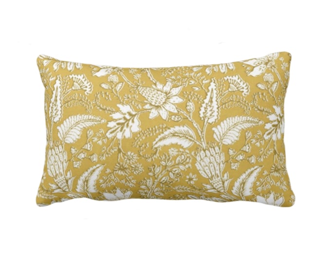 Gypsy Floral Throw Pillow or Cover, 12 x 20" Lumbar Pillows or Covers, Maize/White Naturalist Print/Pattern Toile/Nature Dark Yellow Vintage