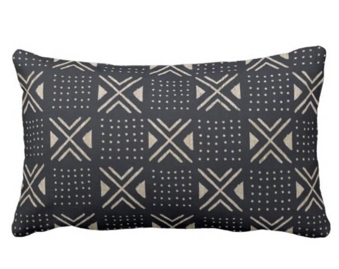 Mud Cloth Printed Pillow or Cover, Black/Off-White 12 x 20" Lumbar Throw Pillows or Covers, Mudcloth Dots, X's Geo/Boho/Tribal/African