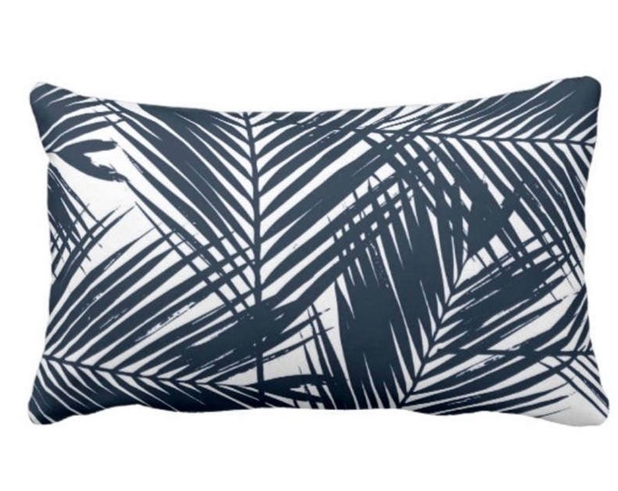 Palm Leaves Throw Pillow or Cover, Navy/White Print 14 x 20" Lumbar Pillows or Covers, Blue Tropical/Modern/Leaf/Jungalo Pattern