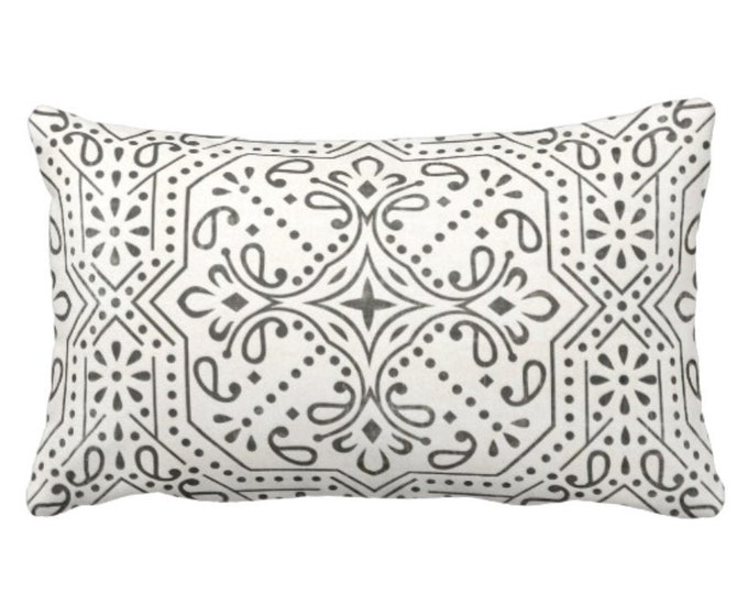OUTDOOR Tile Print Throw Pillow or Cover, Ivory/Charcoal 14 x 20" Lumbar Pillows or Covers, Off-White Geometric/Batik/Lattice Pattern