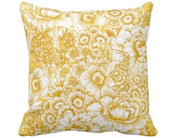 OUTDOOR Retro Floral Throw Pillow or Cover, Mustard Seed & White 16, 18 or 20" Square Pillows or Covers, Dark Yellow/Gold/Goldenrod