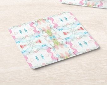 Set di 4 sottobicchieri in sughero con stampa ad acquerello specchiata, motivo astratto rosa/verde/blu/stampa quadrata, articoli per bar/bicchieri/sottobicchieri/caffè