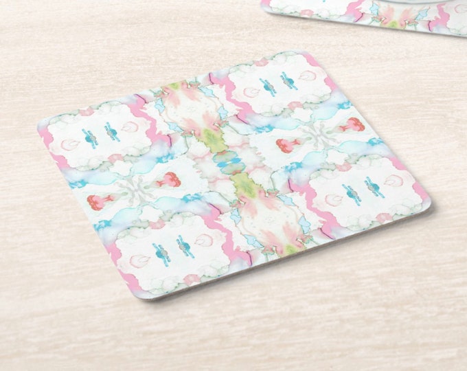 Mirrored Watercolor Printed Cork Coasters Set of 4, Pink/Green/Blue Abstract Pattern/Print Square Barware/Drinkware/Coaster/Coffee