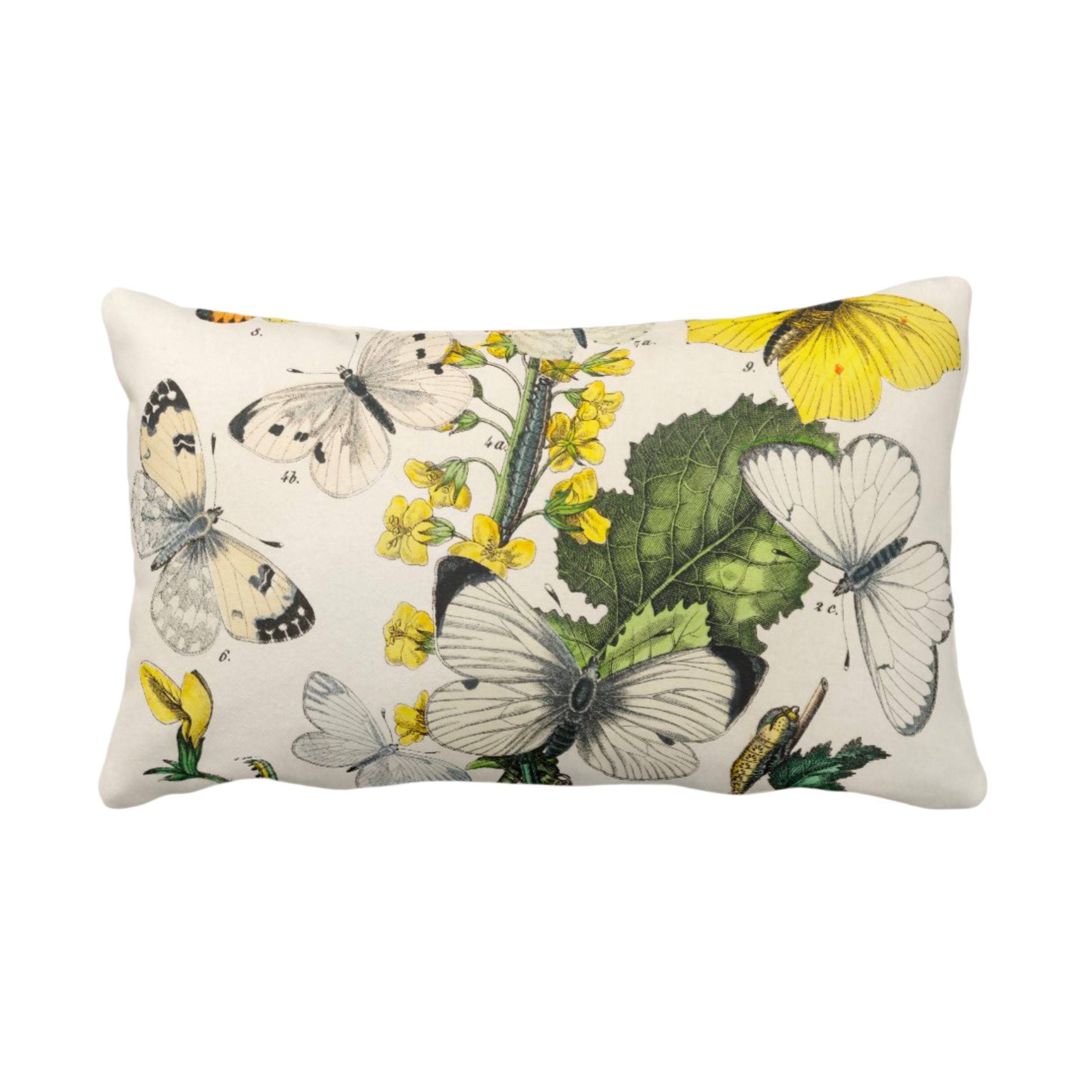 Vintage Butterflies Throw Pillow Or Cover 14 X 20 Sq Pillows Covers Colorful Yellow White Green Butterfly Floral Botanical Print Pattern