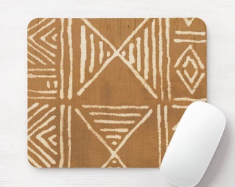 Mud Cloth Print Mouse Pad/Mousepad, Round or Rectangle Brown/White Mudcloth/Tribal/African/Boho/Geometric/Geo Pattern Mousepads, Tan/Mustard