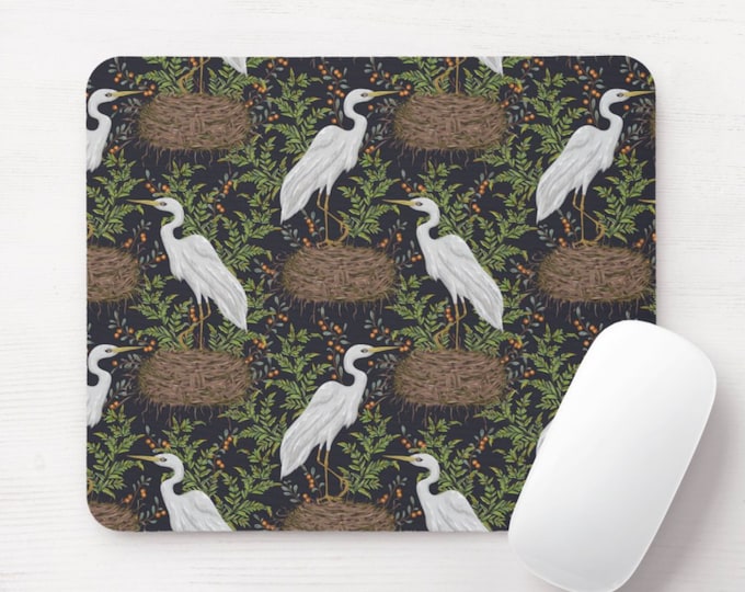 Crane Naturalist Print Mouse Pad/Mousepad, Nesting Birds/Bird Toile Pattern, Green/Black/Earth Tones, Floral/Botanical Illustration