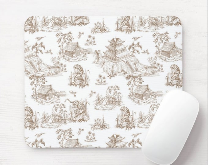 Tiger Toile Mouse Pad/Mousepad, Round or Rectangle Cat/Animal Print, Sepia/White Chinoiserie/China/Willow/Pagoda Pattern/Transferware, Beige