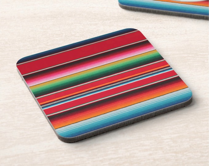 Printed Serape Design Cork Coasters Set of 4, Rainbow/Multi Stripe Pattern/Print Square Barware/Drinkware/Coaster/Bar Accessories, Southwest