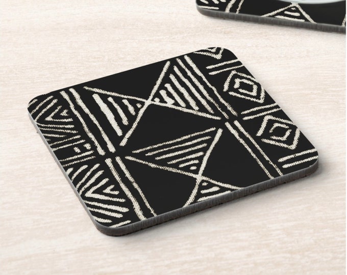 Mud Cloth Design Cork Coasters Set of 4, Black/White Tribal Pattern Geometric/African Print Square Barware/Drinkware/Coaster/Bar Accessories