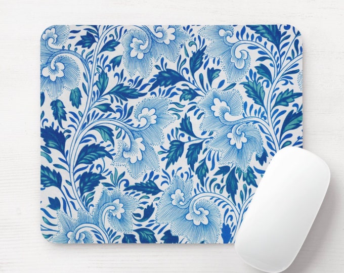 Chinoiserie Floral Mouse Pad/Mousepad, Round or Rectangle, Bright Blue & White China/Willow/Pagoda Pattern/Transferware Japanese/Asian
