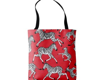 Zebra Print Market Tote, Red, Black & White Animal Print Bag, Safari Pattern
