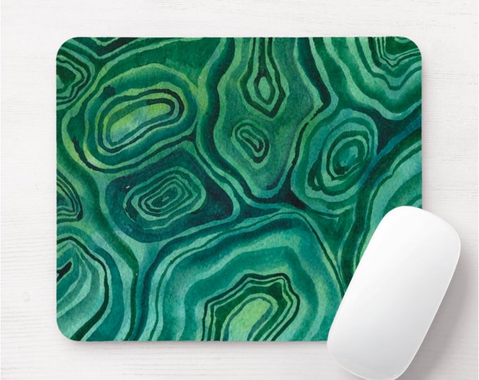 Watercolor Malachite Mouse Pad, Round or Rectangle Abstract Marbled Mousepad, Marble Print/Pattern, Modern/Minimal Design, Emerald Green