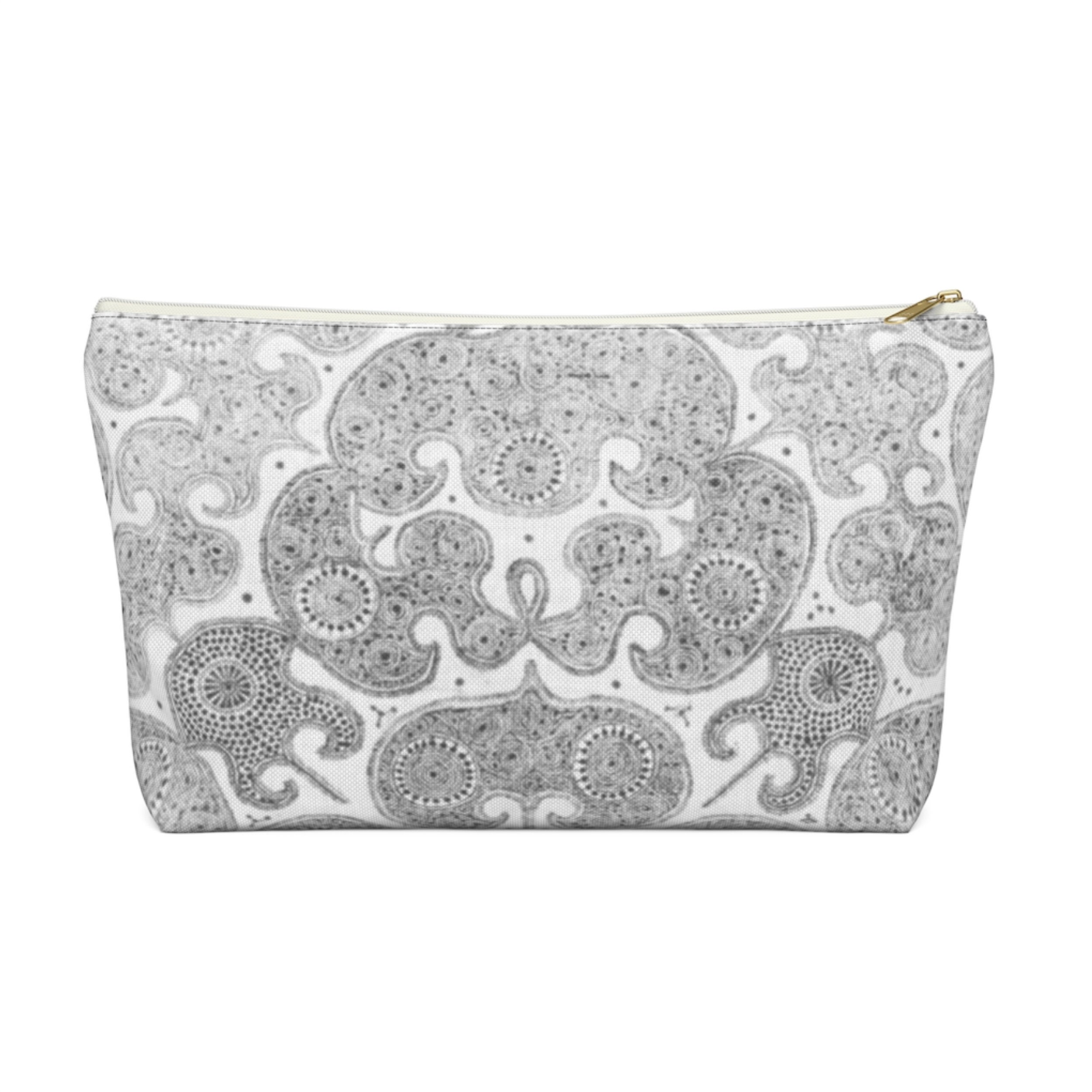 Batik Print Zippered Pouch, Gray Tribal Design, Cosmetics/Pencil/Make