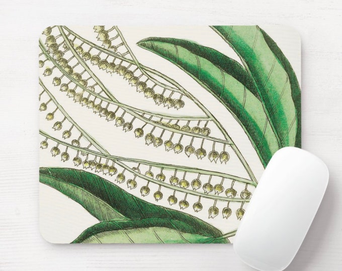Vintage Botanical Lily of the Valley Mouse Pad, Round or Rectangle Green Leaves Nature Print/Pattern Mousepad, Green Floral Illustration