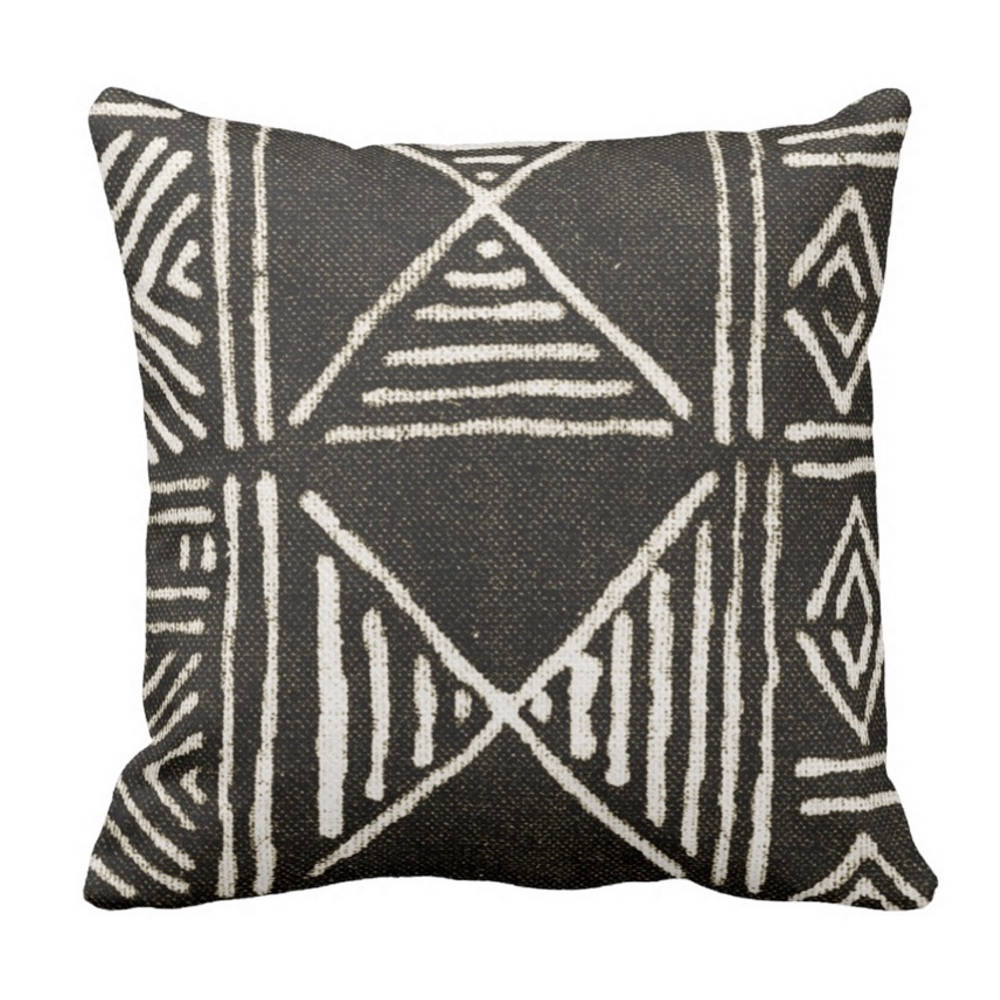 SALE Mud Cloth Print Throw Pillow, Boho/Ethnic Dark Brown, Black & Off