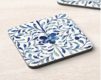 Faux Bone Inlay Cork Coasters, Set of 4, Blue/Ivory Indian Floral/Geo Pattern, Square Barware/Drinkware/Coaster/Bar Accessories/Hot or Cold