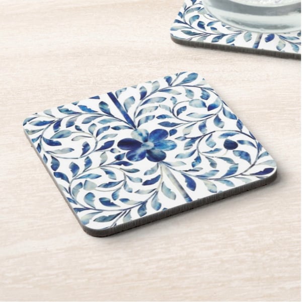 Faux Bone Inlay Cork Coasters, Set of 4, Blue/Ivory Indian Floral/Geo Pattern, Square Barware/Drinkware/Coaster/Bar Accessories/Hot or Cold