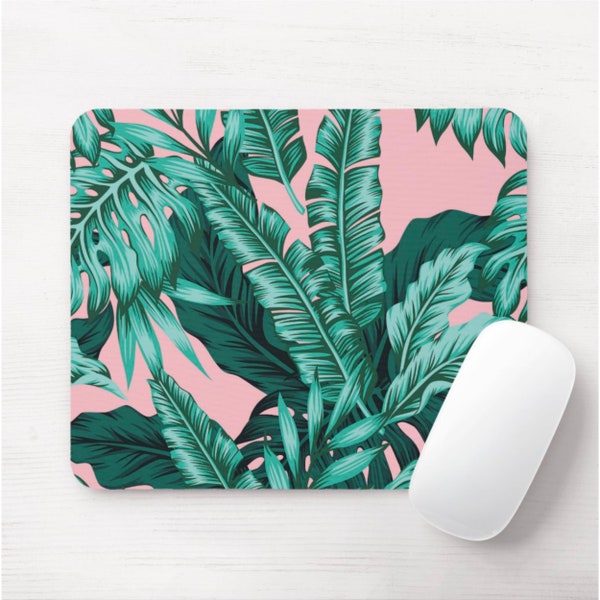 Retro Palms Mouse Pad, Round or Rectangle Colorful Tropical Mousepad, Dusty Pink/Teal Blue/Green Botanical Print/Pattern, Vintage Watercolor