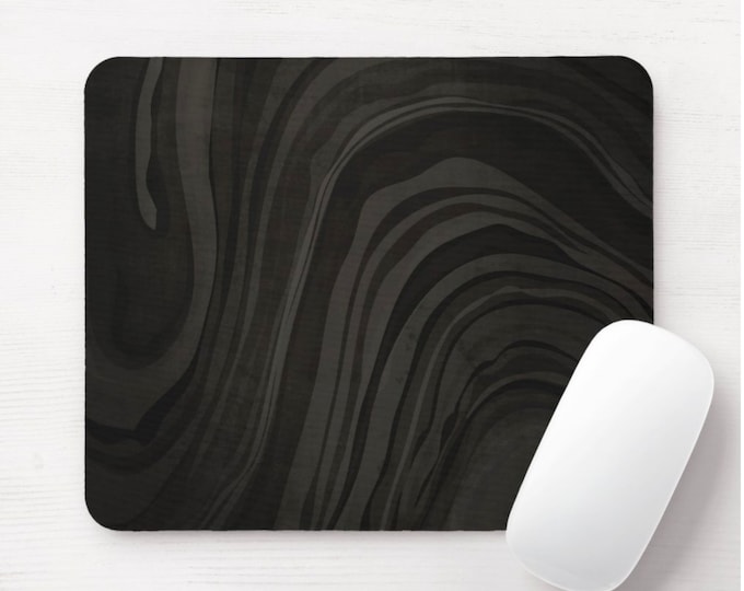 Dark Charcoal and Black Mouse Pad, Round or Rectangle Abstract Marbled Mousepad, Marble Print/Pattern, Swirl/Modern/Minimal Design Gray/Grey