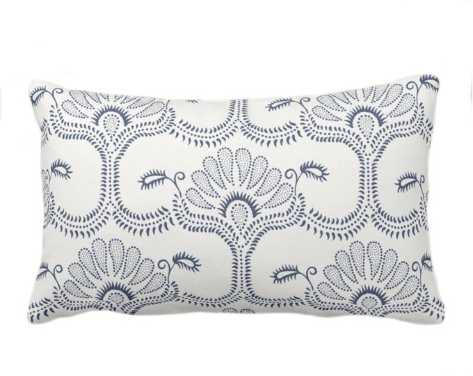 Lotus Block Print Throw Pillow Cover, Off-White/Navy Blue 14 x 20" Lumbar Covers/Pillows, Printed Hmong/Floral/Blockprint/Pattern/Design