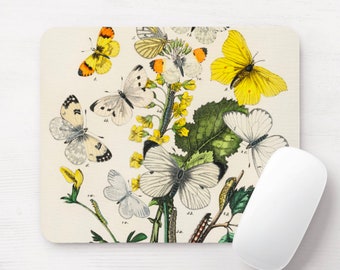Vintage Butterflies Mouse Pad, Botanical Insects/Bugs Pattern Mousepad, Butterflies/Moths/Catepillars Flowers/Floral, Green/Yellow/White