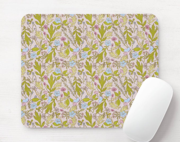 Wildflowers Print Mouse Pad, Round or Rectangle Pink/Green/Blue Mousepad, Vintage/Retro Floral/Art Print/Flower/Neutral Pattern/Design