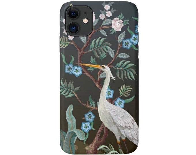Crane Floral iPhone 14, 13, 12, 11, XS, XR, X, 7/8 Pro/Max/P/Plus Snap Case or Tough Protective Cover, Toile/Bird Nature Print/Pattern