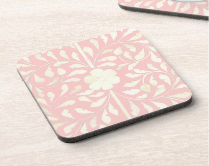 Faux Bone Inlay Cork Coasters, Set of 4, Pink/Ivory Indian Floral/Geo Pattern, Square Barware/Drinkware/Coaster/Bar Accessories/Hot or Cold