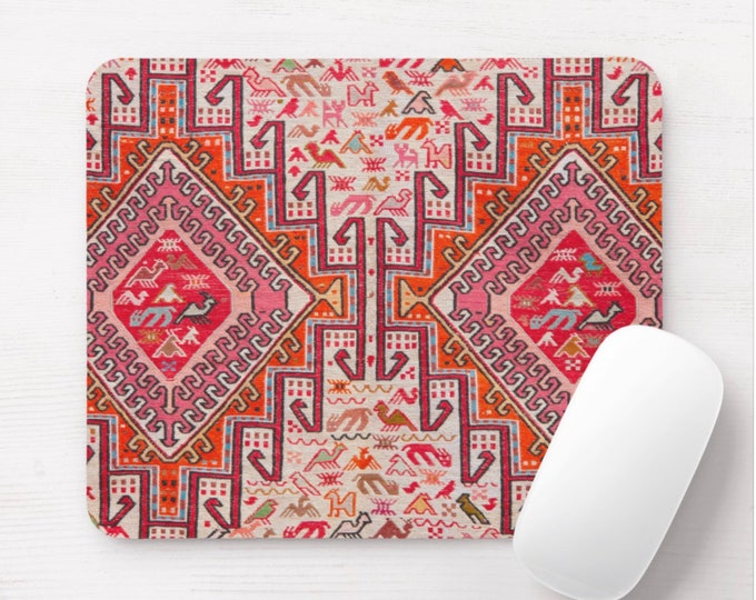 Kilim Print Mouse Pad/Mousepad, Round or Rectangle Nature/Animal in Coral, Red and Orange, Southwest Rug Tribal Colorful Design