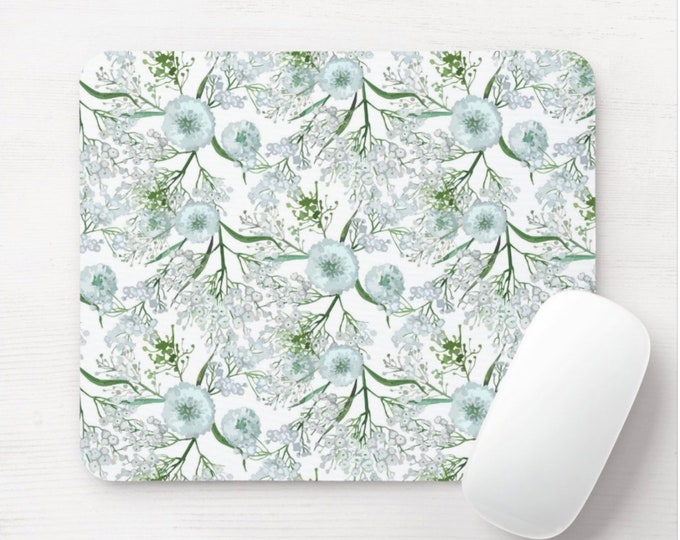 Blue Botanical Naturalist Round or Rectangle Mouse Pad/Mousepad, Floral/Toile Pattern, Aqua/Green Flower Watercolor Art Print, Hand Painted