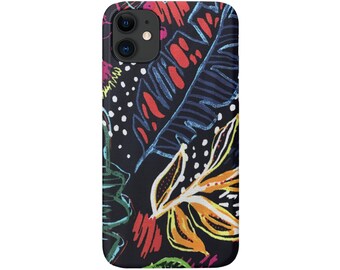 Botanical iPhone 14, 13, 12, 11, XS, XR, X, 7/8 Mini/Pro/Max/P/Plus Snap or Tough Protective Cover, Modern Boho Painted Black/Colorful Print