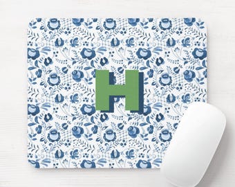Floral Personalized Mouse Pad, Round or Rectangle Blue & White Monogrammed Mousepad