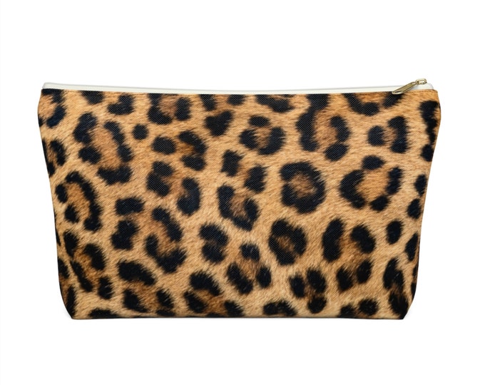 Leopard Print Zippered Pouch, Animal Printed Design, Cosmetics/Pencil/Make-Up Organizer/Bag, FAUX Camel/Black/Caramel Spots/Spot Pattern