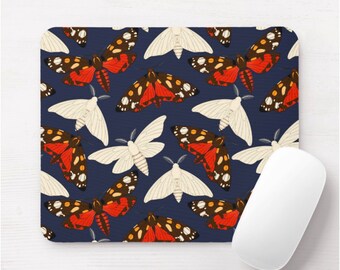 Moth Print Mouse Pad, Round or Rectangle Navy Blue Vintage Insects/Bug Print Mousepad, Off-White/Red Moths, Naturalist/Nature/Illustration